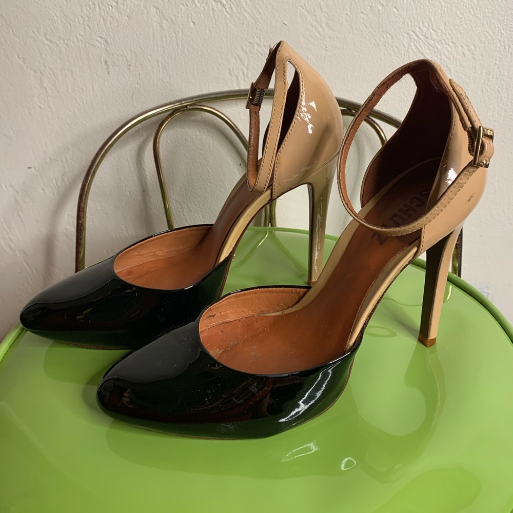 Schutz Patent Leather Black & Nude Pumps with Ankle Strap Size 7